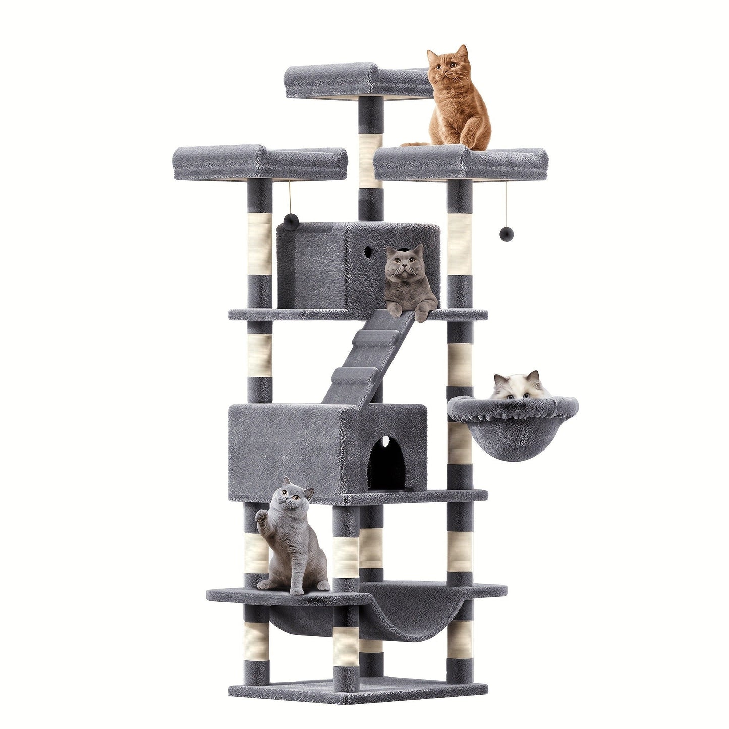 Large Multi-Level Cat Tower with Two Condos, Three Perches, Hammocks and Six Gray, Beige or Taupe Configurations