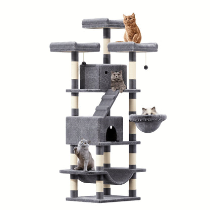 Large Multi-Level Cat Tower with Two Condos, Three Perches, Hammocks and Six Gray, Beige or Taupe Configurations