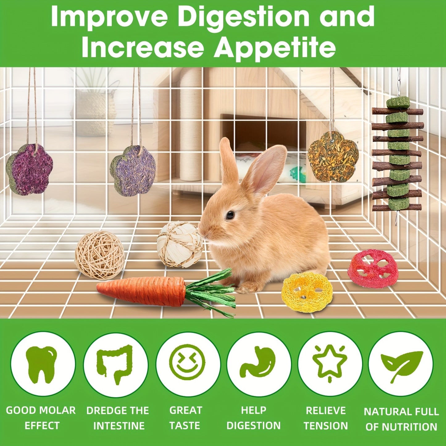 Small Animal Dental Treats 21pcs – Natural Timothy Hay Variety Set with Hay Sticks, Timothy Cakes & Carrot Strawberry Treats for Rabbits