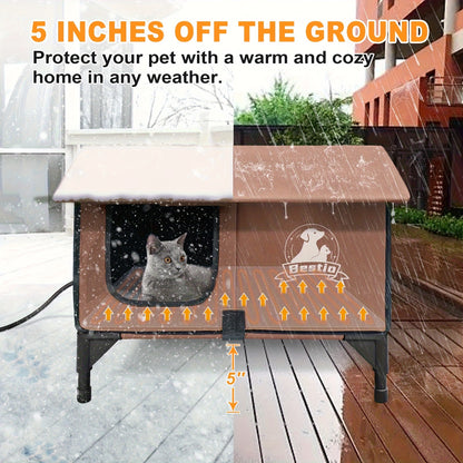 Heated Cat House 3-in-1 with Removable Warming Pad, Elevated Cat Bed for Indoor & Outdoor Cats, Chew-Resistant Cord, Double Door Cat Cave