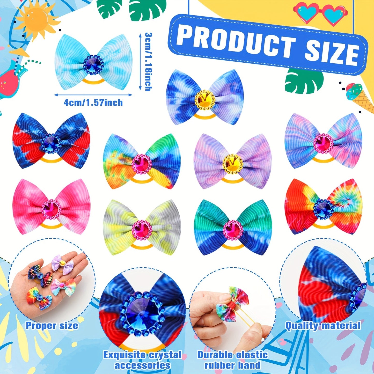 Dog Hair Bows 100 Pack Tie Dye Rhinestone Puppy Grooming Accessories with Rubber Bands – Colorful Spring Dog Topknot Bows for Small Dogs