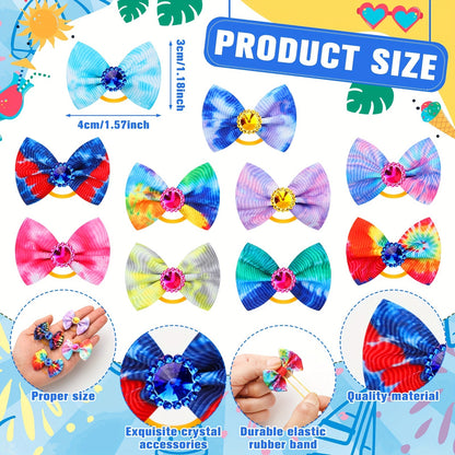 Dog Hair Bows 100 Pack Tie Dye Rhinestone Puppy Grooming Accessories with Rubber Bands – Colorful Spring Dog Topknot Bows for Small Dogs