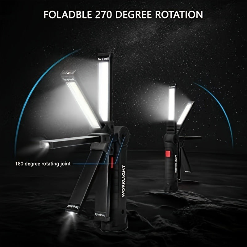 Foldable Black and Khaki Work Light Multipacks with Pivoting COB Bar and Pictured Charging Cables