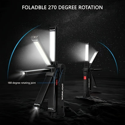 Foldable Black and Khaki Work Light Multipacks with Pivoting COB Bar and Pictured Charging Cables