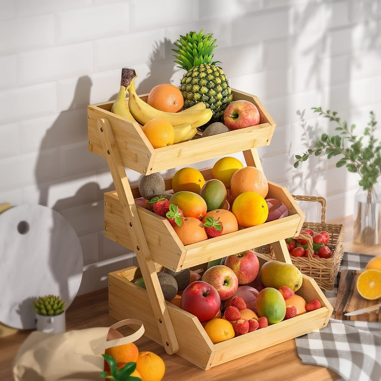 Fruit Basket Stand 2 & 3 Tier Wooden Countertop Organizer Large Capacity Kitchen Storage for Fruits Vegetables Bread Produce with Banana