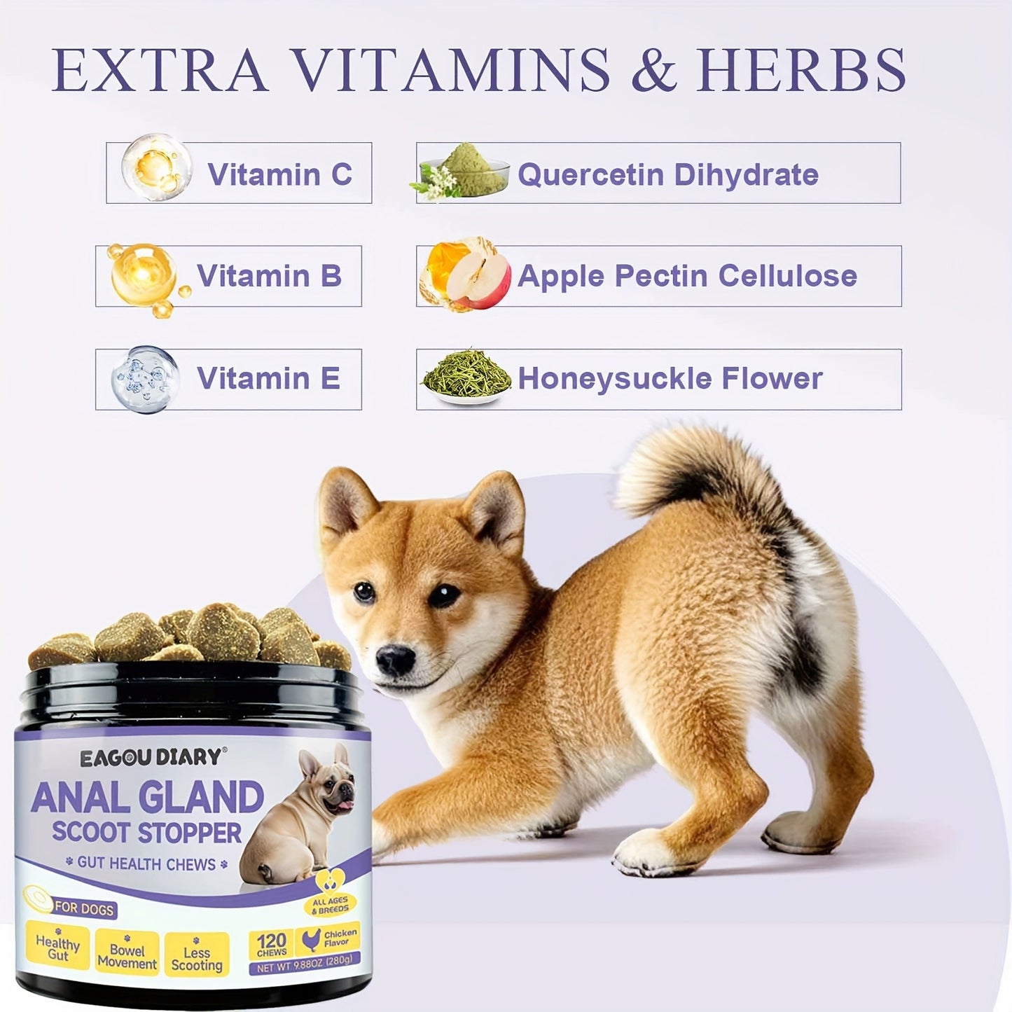 Dog Anal Gland Support Chews 120ct – Fiber Supplement for Scooting Relief with Pumpkin, Psyllium Husk, Probiotics & Dandelion