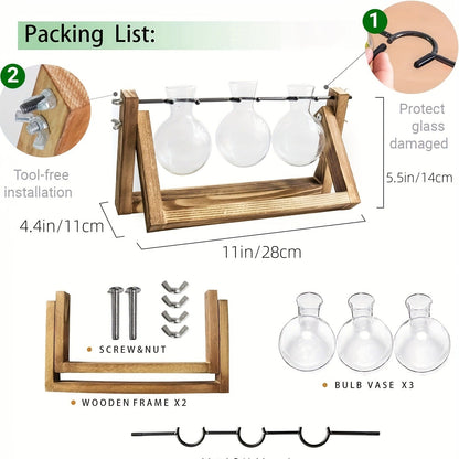 Propagation Station 3 Bulb Glass Vase with Wooden Stand – Hydroponic Plant Terrarium for Home Office Desk Decor