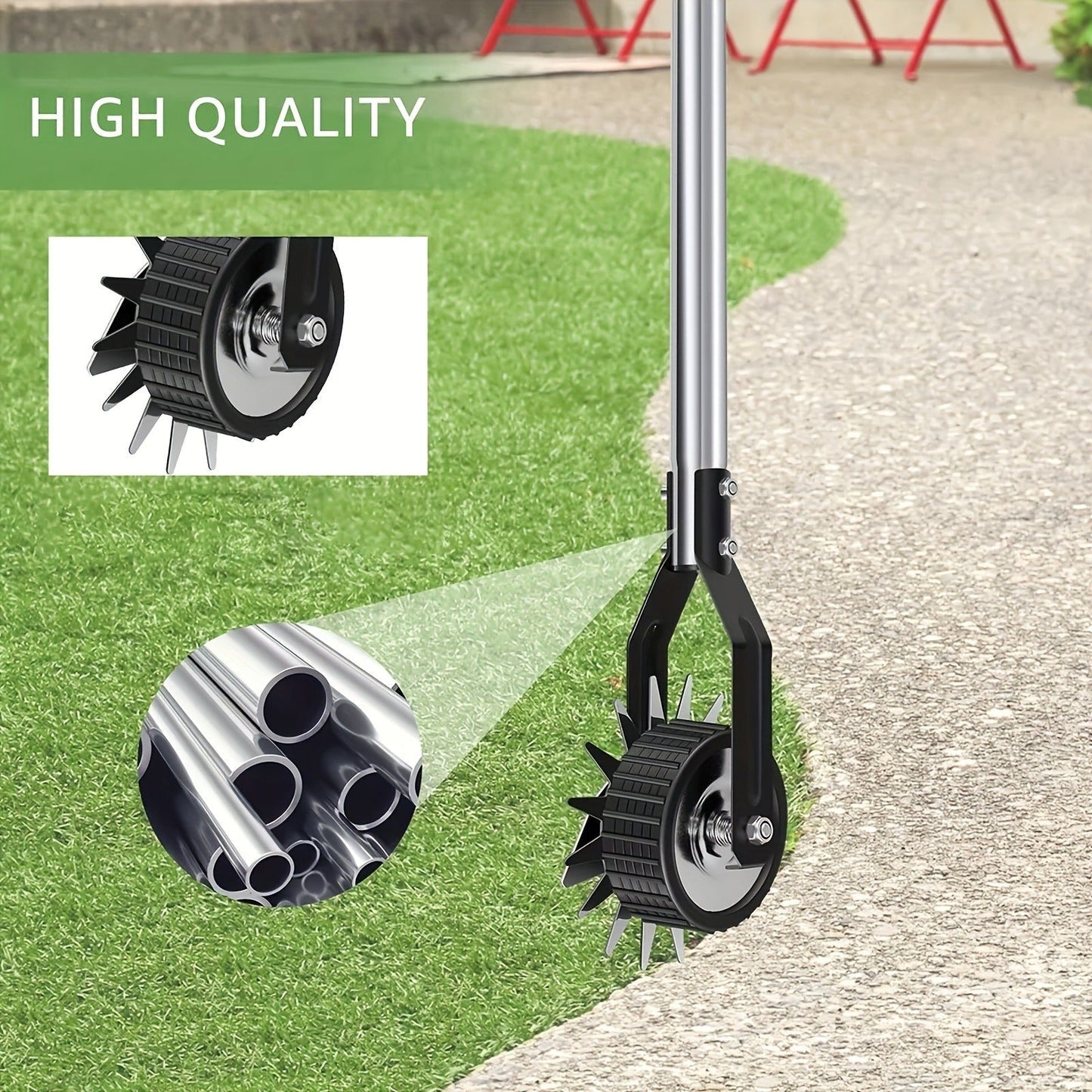 Wheeled Lawn Edger Manual Rotary Trimmer with 3/4-Section Stainless Steel Handle – Walk-Behind Grass Edger for Sidewalk