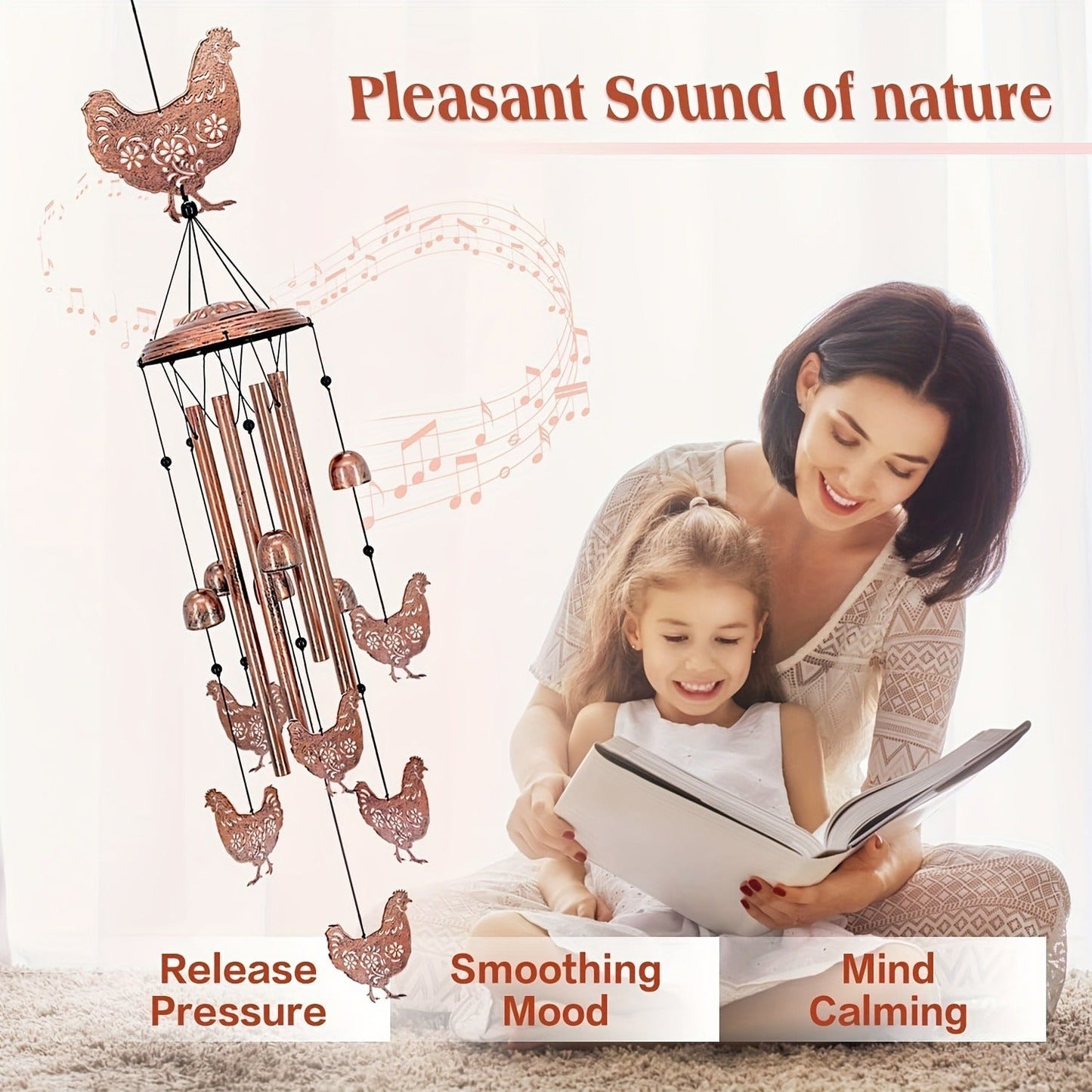 Wind Chime Outdoor Chicken Farmhouse Decor – Aluminum Tube Soothing Sound Garden Porch Patio Hanging Ornament