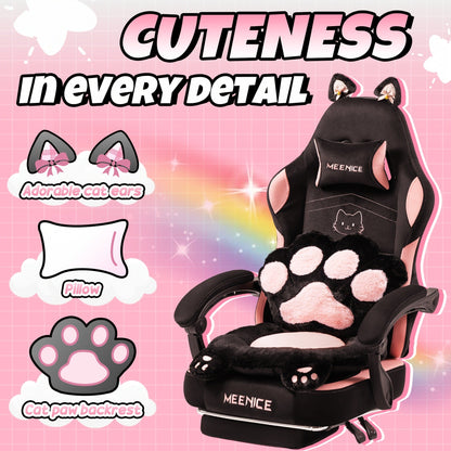 Cat Ear Gaming Chair Ergonomic Reclining Computer Chair with Footrest Paw Lumbar Cushion Wingback PC Game Chair for Girls Adults 300LBS Pink