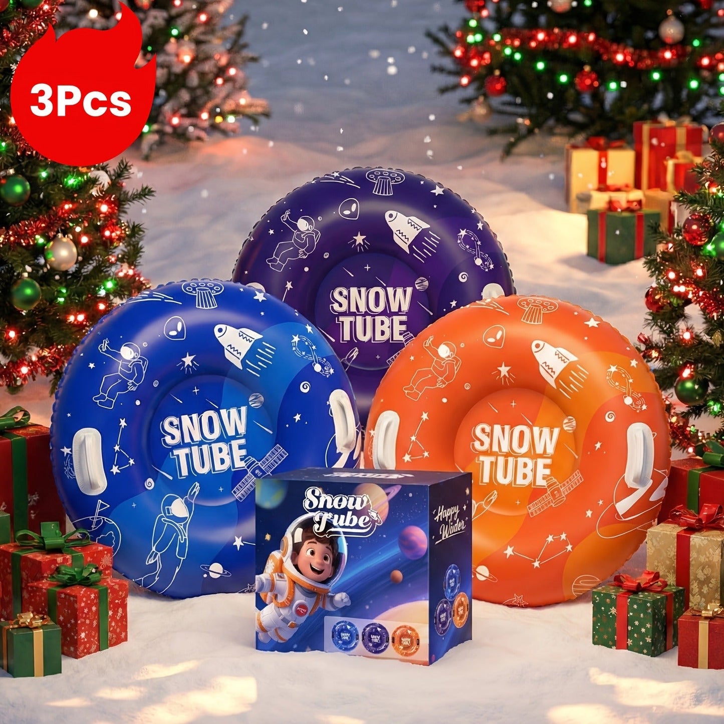 Snow Sled Tubes 3-Pack Foldable Inflatable – Triple-Layer PVC Snow Tubes 36 & 40 Inch, 220 lbs Capacity, 3-Layer Airlock Valve
