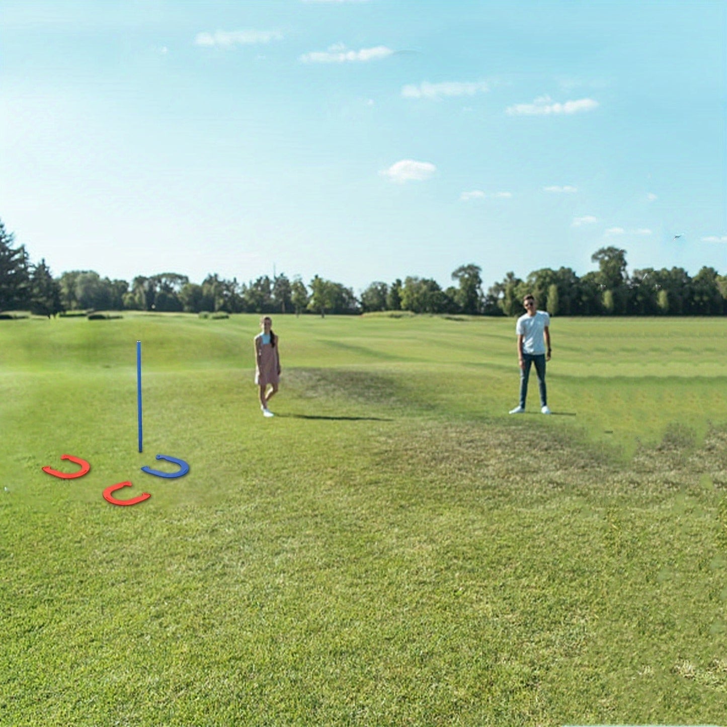 Horseshoes Game Set Heavy Duty – 4 Forged Steel Horse Shoes & 2 Stakes, 1.2lb Each, Red & Blue – Outdoor Lawn Game for Adults & Family
