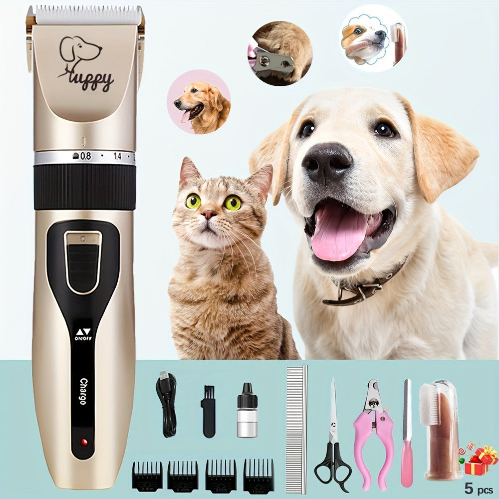 Pet Hair Clipper Kit, Furry 12-in-1 USB-Rechargeable Trimmer with Adjustable Blade and Five Guide Combs
