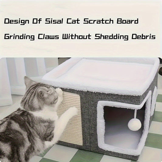 Multi-Tier Cat House & Indoor Cat Cube Bed – Foldable 2-Level Cat Tree with Scratching Post, Toy Tunnel & Plush Hanging Ball