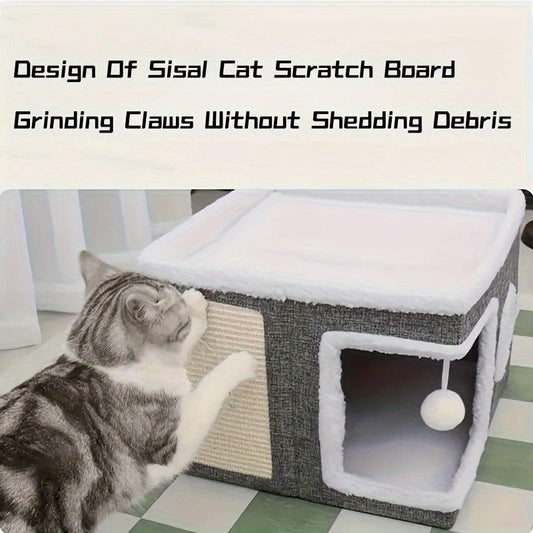 Foldable Gray Cat Condo with Top Platform, Scratch Panel, Openings and Four Cube-Style Options