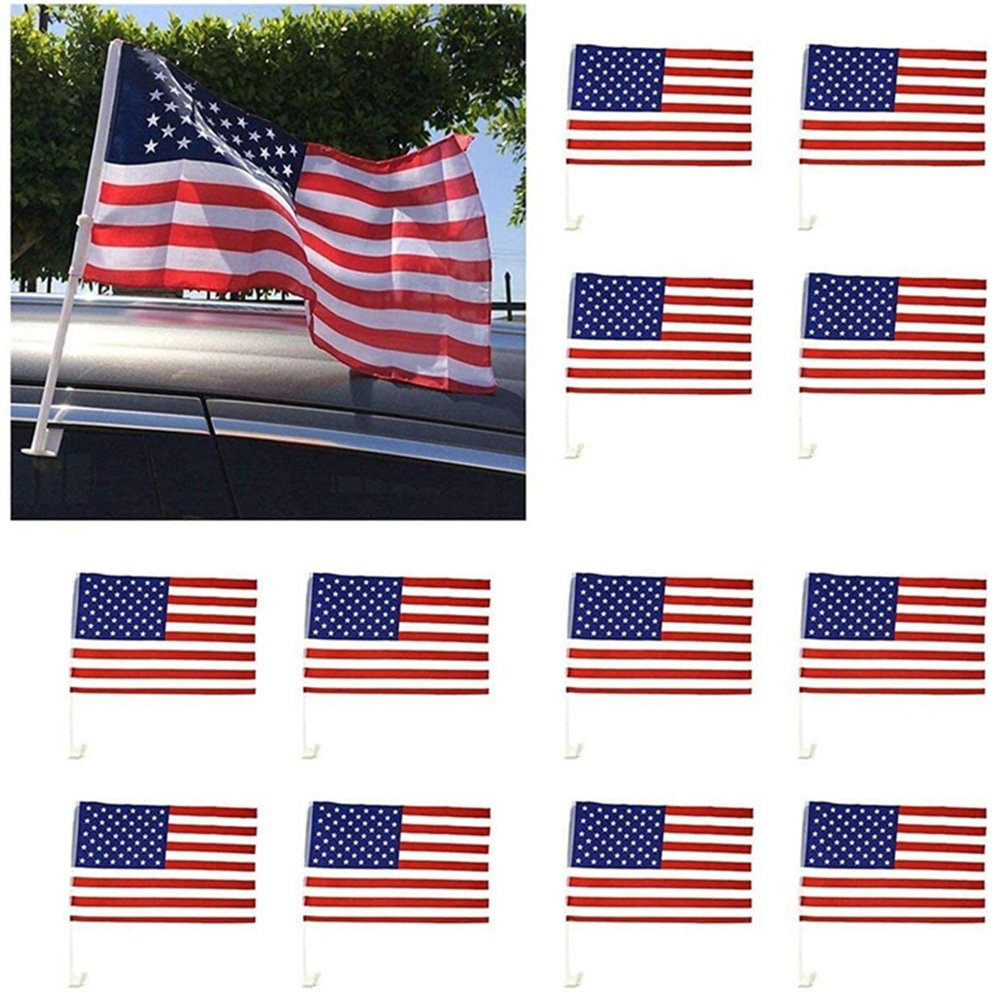 American Flag Car Window Clips 12 Pack USA Patriotic Car Flags 17x12 Inch Double Sided Knitted Polyester Weather Resistant for Parades