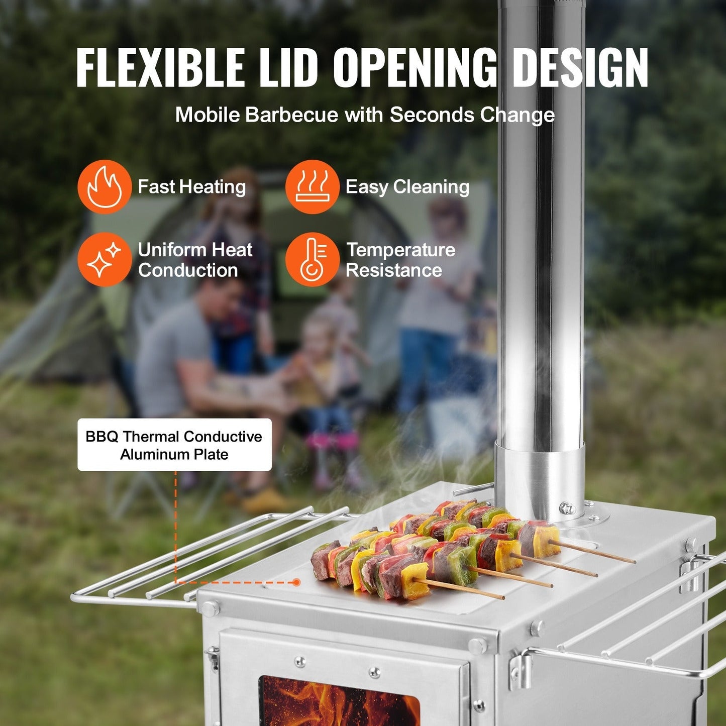 Wood Stove Camping Tent Stove 80 Inch Stainless Steel, 700in³ Firebox, 8 Accessories, BBQ Grill Plate