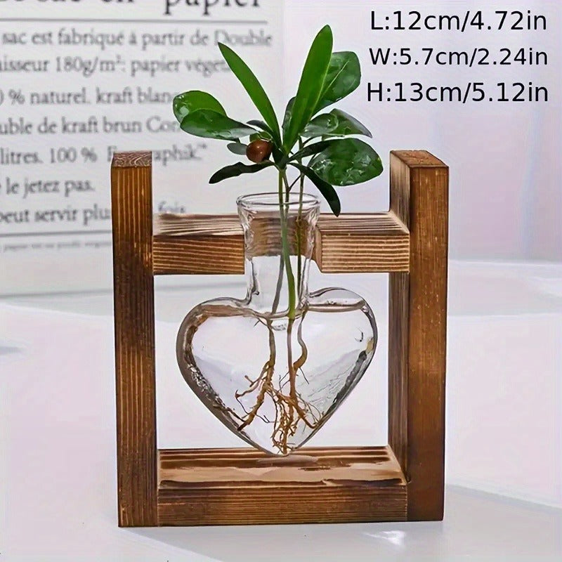 Hydroponic Flower Vase with Wooden Frame Heart-Shaped Pine Glass Bottle for Living Room Desk Home Decor Holiday Gift Single/Double/Triple