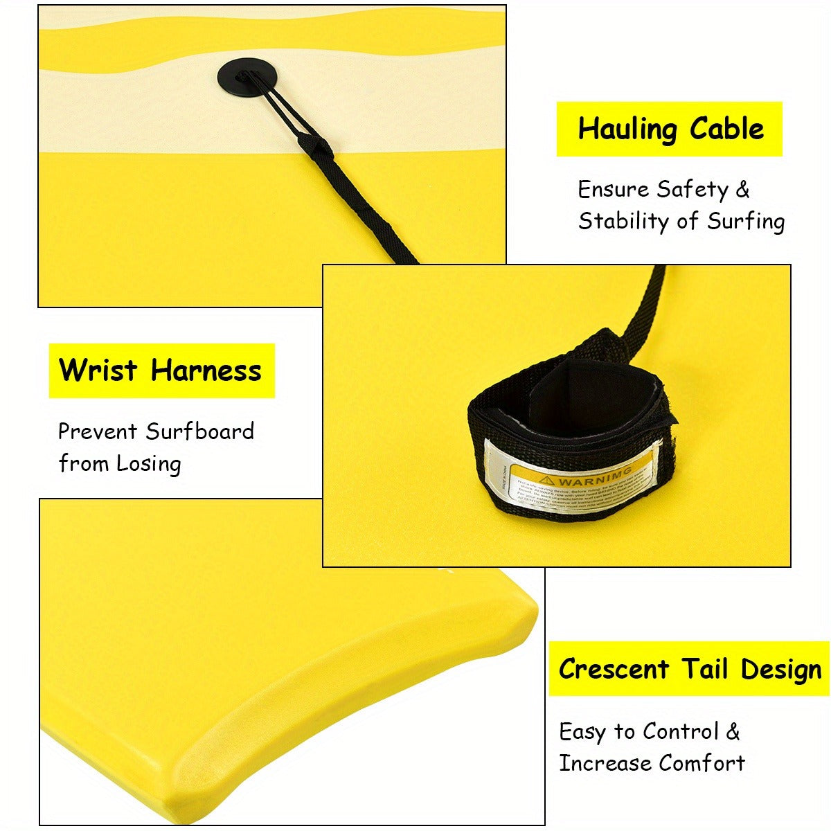 Yellow 41-Inch EPS Core Bodyboard with XPE Deck, HDPE Slick Bottom, Crescent Tail and Wrist Leash