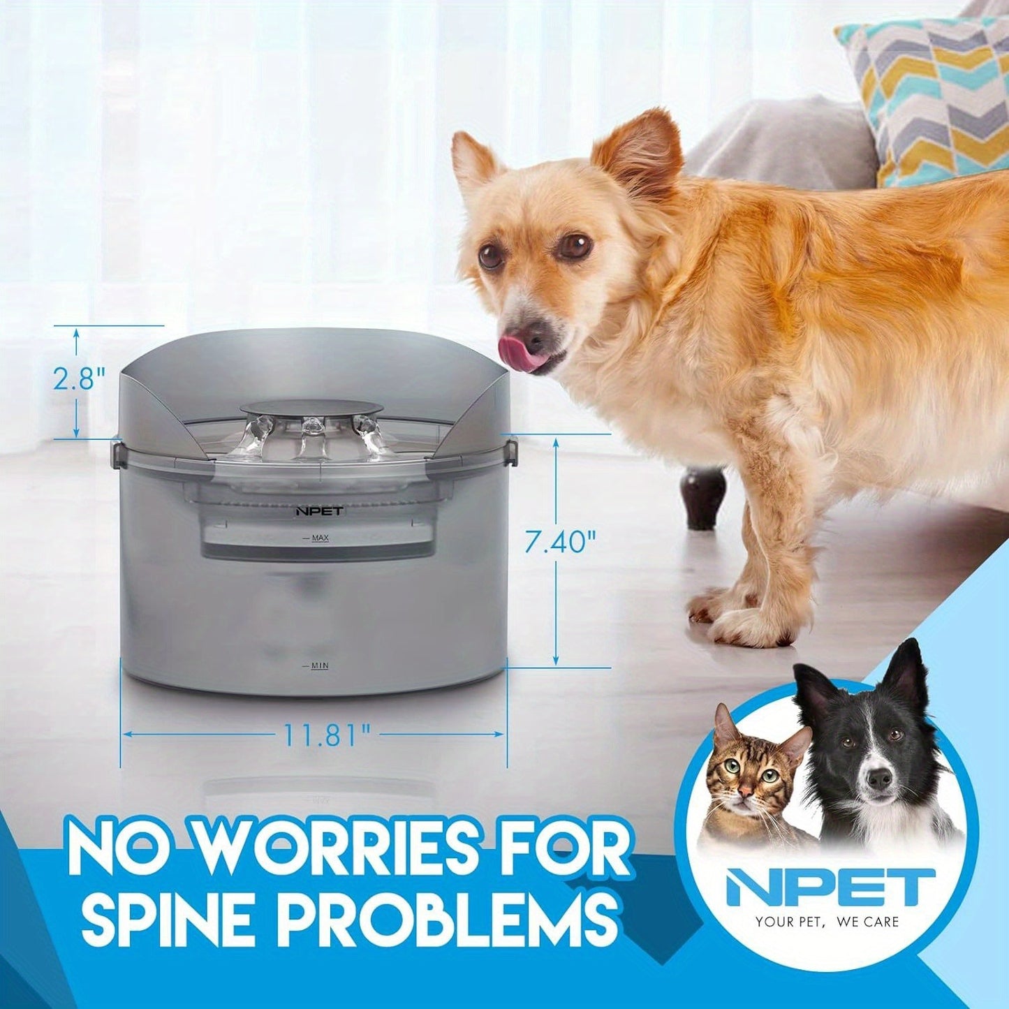 Dog Water Fountain 2 Gallon NPET DF30 – Automatic Pet Water Dispenser Triple Filtration with Splatter Guard & Cleaning Kit for Large Dogs
