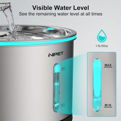 Cat Water Fountain Stainless Steel 50oz/1.5L – Ultra Quiet Auto Pet Water Dispenser with LED Light, Visible Window & Dishwasher Safe