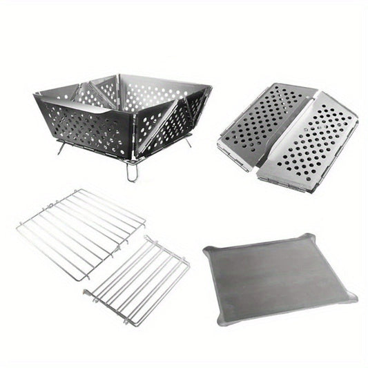 Wood Burning Camp Stove Portable Stainless Steel, Mini Folding Charcoal BBQ Grill, Camping Wood Stove Burner