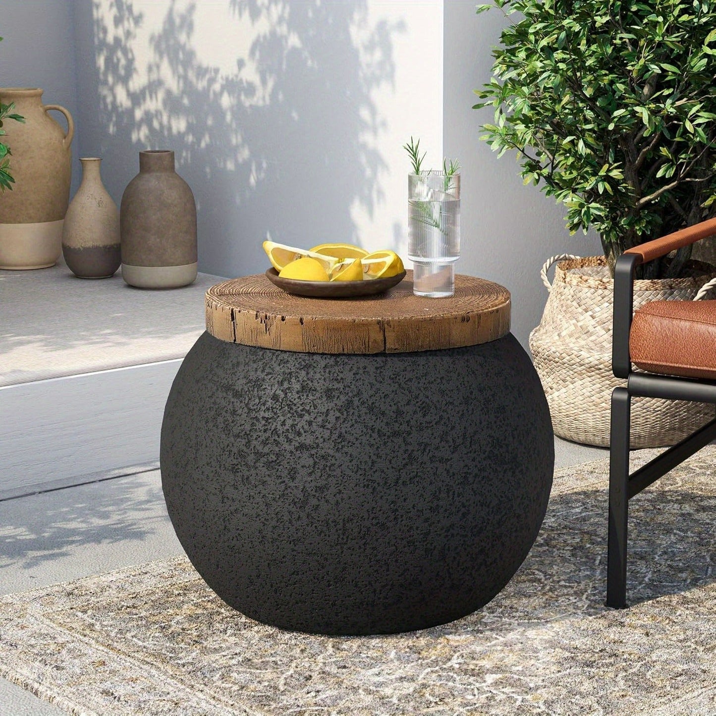 Outdoor Side Table 17-Inch Concrete Design with Wood-Look Top in Black, Hourglass and Compact Options