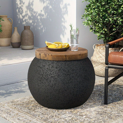 Outdoor Side Table 17-Inch Concrete Design with Wood-Look Top in Black, Hourglass and Compact Options