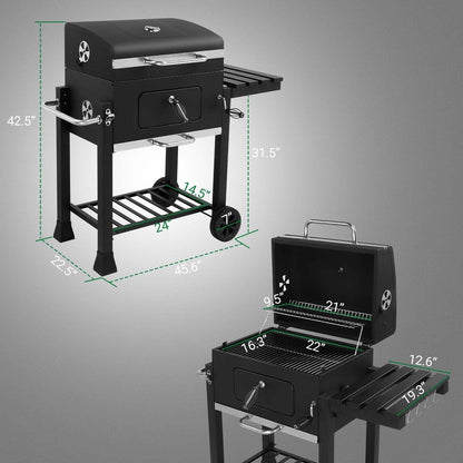 Cart Charcoal Grill with Adjustable Pan, Lid, Wheels, Lower Rack, Thermometer and Folding Side Shelf
