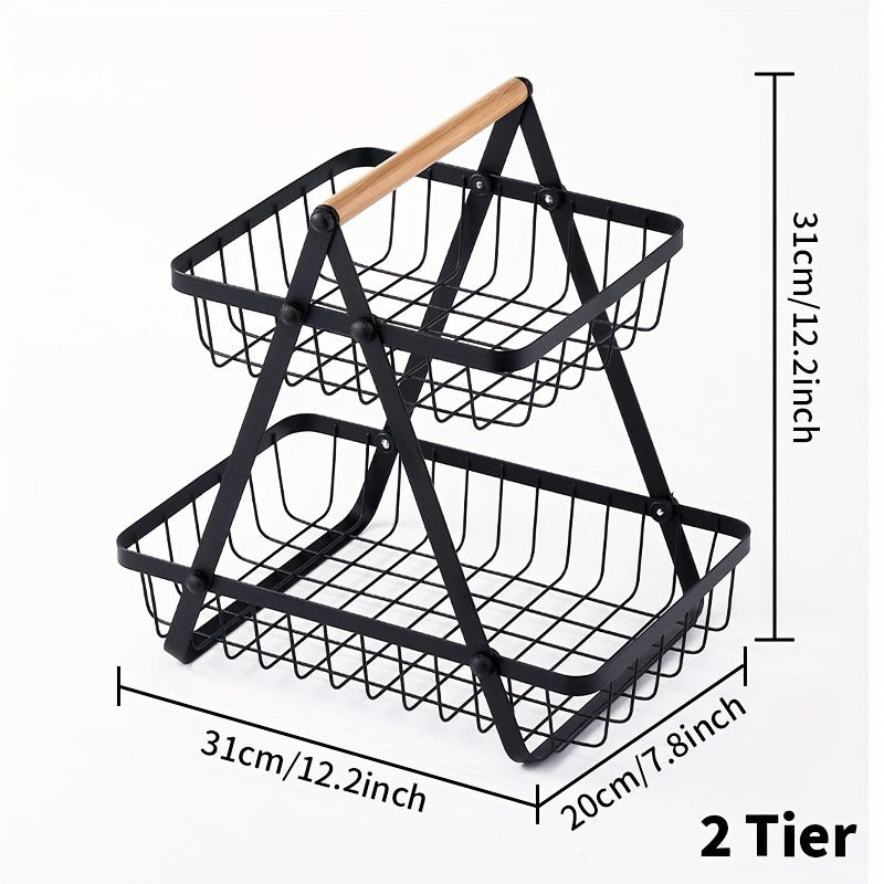Two-Tier Black Wire Fruit Basket with Wood-Look Carry Handle and 12.2-Inch Countertop Frame
