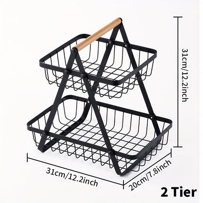 Two-Tier Black Wire Fruit Basket with Wood-Look Carry Handle and 12.2-Inch Countertop Frame