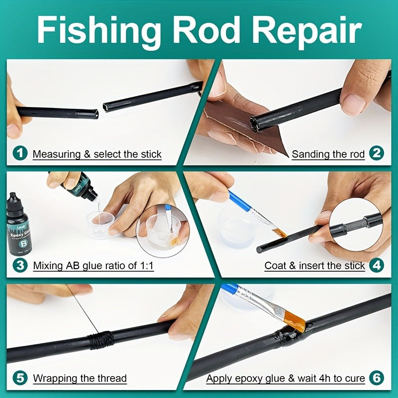 Fishing Rod Repair Kit with Top Rings Guides AB Epoxy Glue Winding Line Textured Paper Complete Rod Break Fix Set Iron Rod Guides