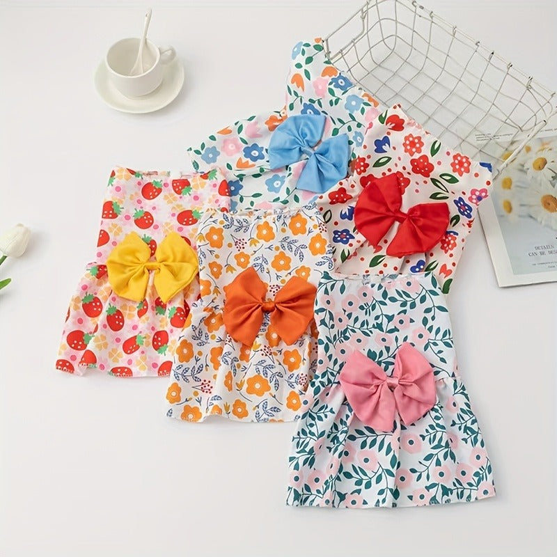 Dog Dress Floral Princess Bow – Cute Puppy Summer Dress for Small Dogs & Cats, Pink & Red Pet Dog Skirt with Bow Decoration