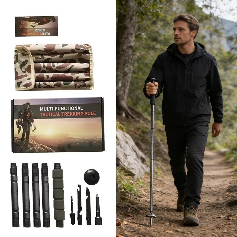 Tactical Trekking Pole Adjustable Hiking Stick | Titanium Alloy with Built-In Compass Canvas Storage Pouch & Combination Lock |