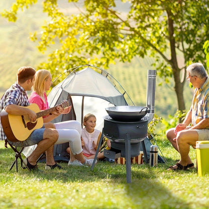 Round Wood-Burning Camp Stove Set with Chimney Pipe, Tripod Legs and 13.78- or 16.93-Inch Diameter Options