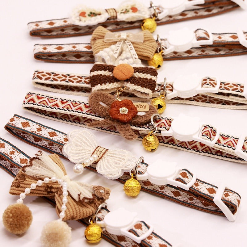 Cat Collar Set 6 Pack Decorative with Bow Lace Bells & Hanging Beads, Safety Breakaway Buckle Anti-Choke Cat Necklace Collar