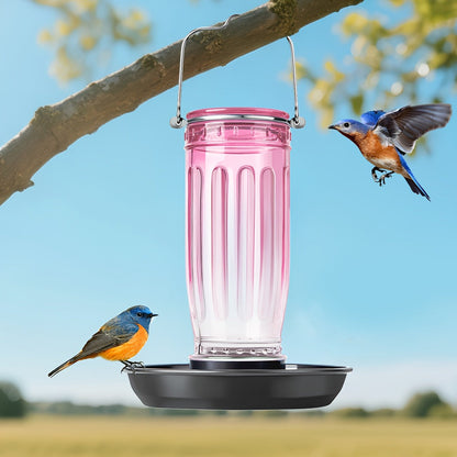 Bird Waterer Outdoor Hanging Glass Wild Bird Water Dispenser with Metal Handle – Gravity Fed Garden Yard Patio Tree Bird Feeder