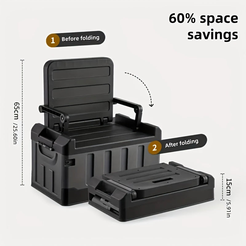 Folding Storage Box & Fishing Stool 2-in-1, Large Portable Organizer with Backrest for Car Trunk