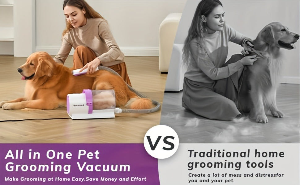 Pet Grooming Vacuum Kit with 2.5L Collection Cup, Electric Clipper, Hose and Four Pictured Tool Attachments