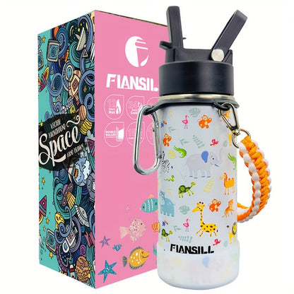 FIANSILL 16oz Stainless Steel Water Bottle with Flip-Up Straw Lid, Wrist Strap, Carabiner and Eight Prints