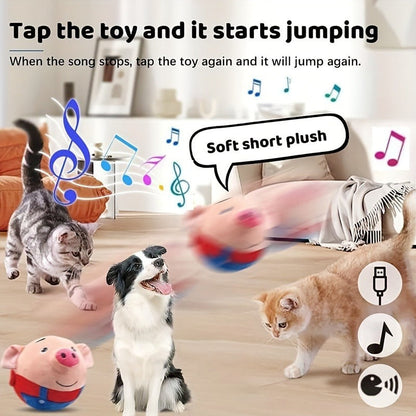 Dog Toy USB-Rechargeable Rolling Pig Plush Ball with Vibration, Swinging and Sound Effects in Two Colors