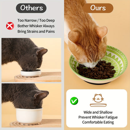 Ceramic Cat Bowls Set of 6 – Shallow Wide Cat Food Plate Whisker Friendly with Non-Slip Mat, Fairy Tales Colorful Design