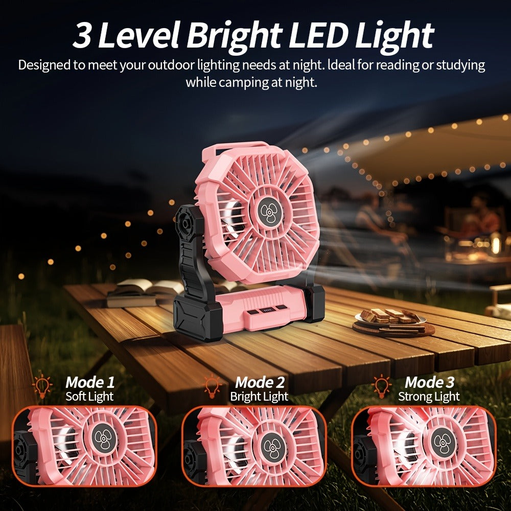 Portable Camping Fan 3-in-1 with LED Lantern & USB Charging – Battery Powered Tent Fan with Timer, 360° Rotation, for Outdoor Camping