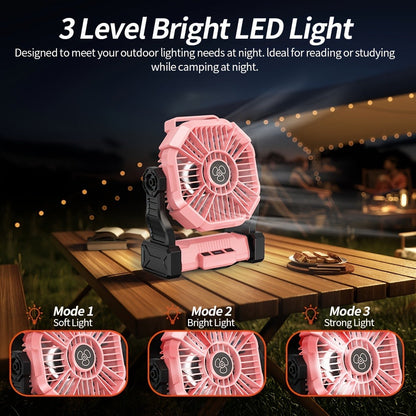 Portable Camping Fan 3-in-1 with LED Lantern & USB Charging – Battery Powered Tent Fan with Timer, 360° Rotation, for Outdoor Camping