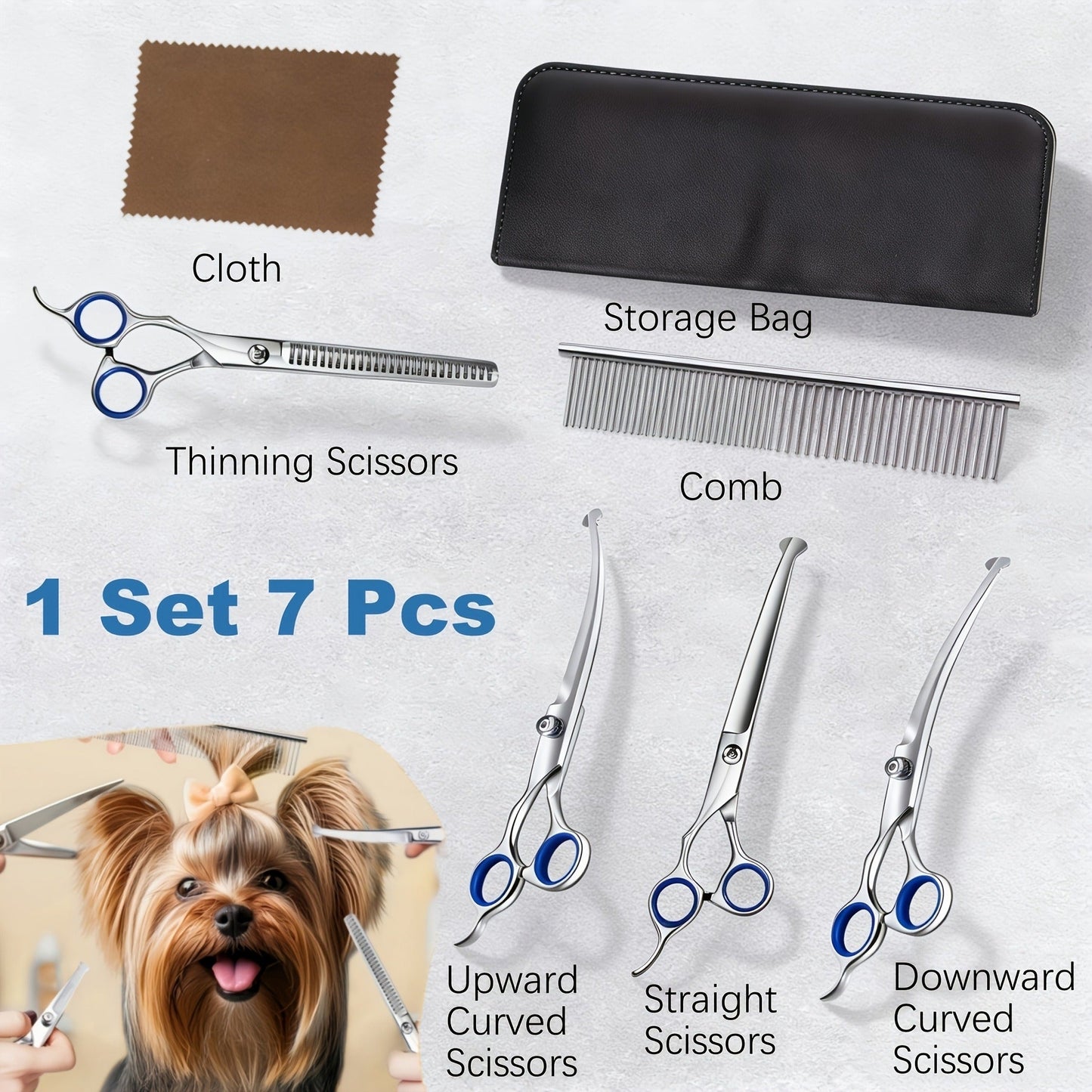 Pet Grooming Scissors Set, Seven-Piece 4CR Stainless Steel Kit with Straight, Curved and Thinning Shears
