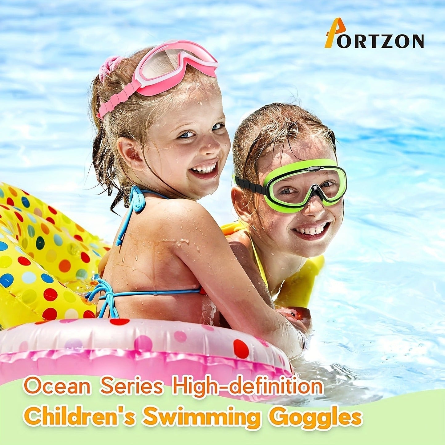 Youth Swimming Goggles with 5.51-Inch Clear Lens Frame, 18.8-25-Inch Adjustable Strap and Green or Green-Pink Options