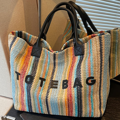 Straw Tote Bag for Women Large Capacity Bohemian Hand-Woven Striped Beach Bag Summer Vacation Shoulder Bag Colorful Letter Pattern