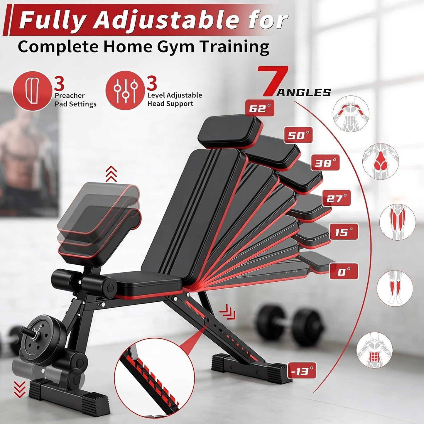 Foldable Adjustable Workout Bench with Black-and-Red Padding, Preacher Curl Pad, Leg Rollers and Resistance Bands