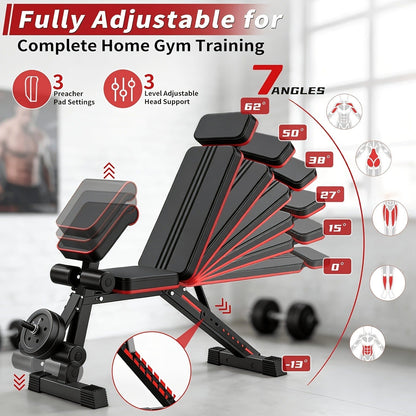 Foldable Adjustable Workout Bench with Black-and-Red Padding, Preacher Curl Pad, Leg Rollers and Resistance Bands