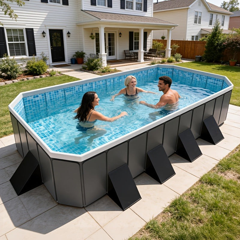 Large Rectangular Frame Pool, Non-Inflatable Backyard Swimming Pool with Drain for Garden, Patio and Yard Use